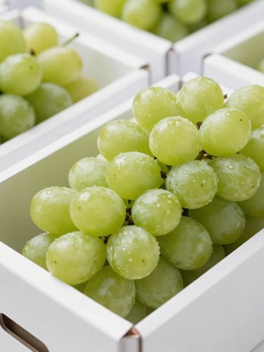 Macro shot of pristine, unblemished fresh green grapes packed neatly in commercial export cartons inside a bright, modern, clean white packaging facility, sharp editorial photography, bright morning daylight.