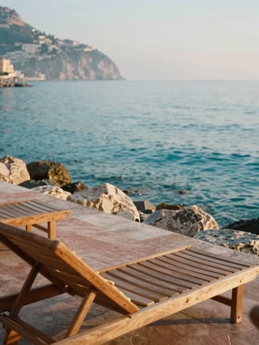 Empty wooden sun loungers on a private rocky cove in Maiori, crystal clear turquoise water, soft morning sea mist, warm light