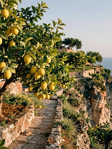Terraced lemon groves on a steep cliffside in Maiori, sunbeams filtering through green leaves and bright yellow lemons, stone pathways