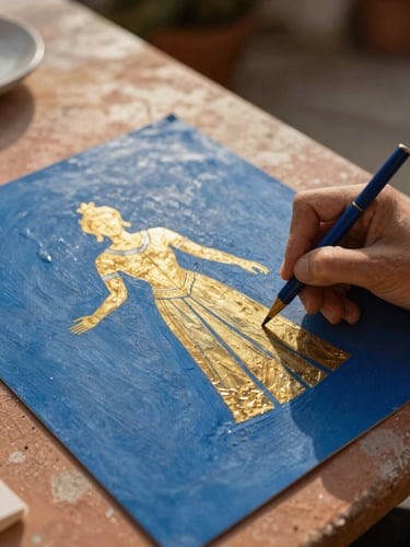Inquadratura ravvicinata di una maiolica dipinta a mano nei toni del blu e dell'oro, luce calda del mattino, stile fotografico editoriale.