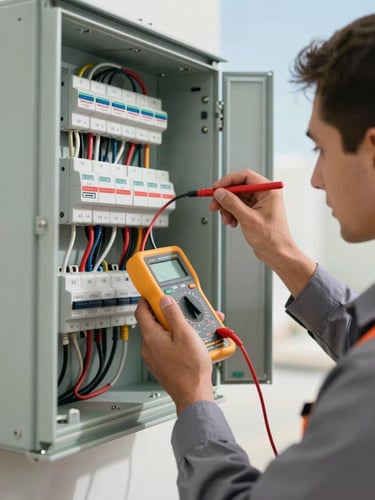 Close-up of a certified Dubai electrician in a clean uniform carefully testing a modern, neatly wired distribution board with a digital multimeter under bright, clear daylight.