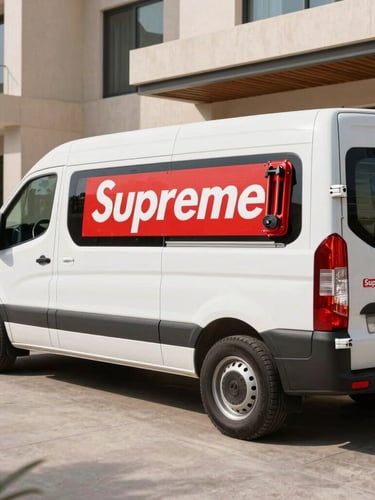 A professional Supreme Electrician van parked outside a modern villa in Dubai, clean tools neatly organized
