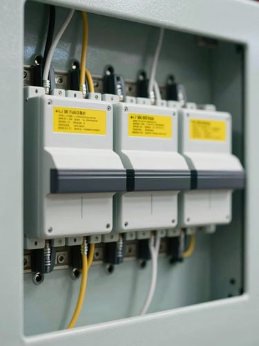 Close-up of a neatly wired modern distribution board with safety yellow labels, clean professional craftsmanship, bright even lighting