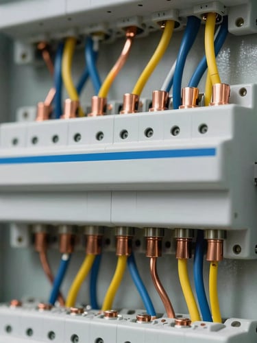 Macro close-up of a modern, neatly wired electrical distribution board, copper busbars and clean yellow and blue wires under bright professional lighting.