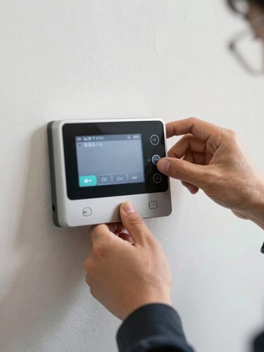 Macro close-up of a certified technician installing a sleek smart automation touch panel on a clean plaster wall, precise wiring visible inside, bright neutral lighting.