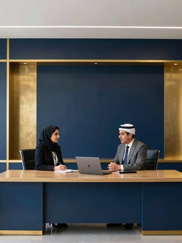 Executive office daylight, a professional corporate consultation between financial compliance officers in Baghdad, modern interior with deep navy and gold accents, 35mm