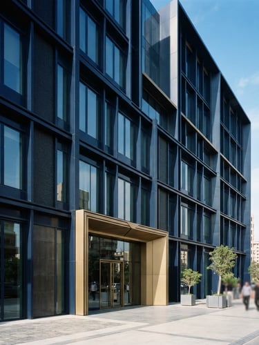 Premium corporate photography of a modern architectural bank facade in Baghdad under sharp daylight, clean lines, deep navy tones, 35mm