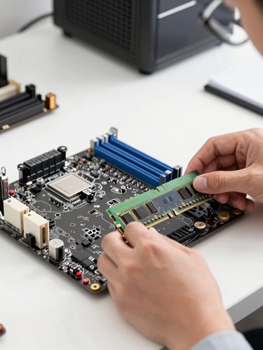Close-up of a clean, organized electronics workbench with a technician carefully installing RAM into a motherboard under bright natural studio light