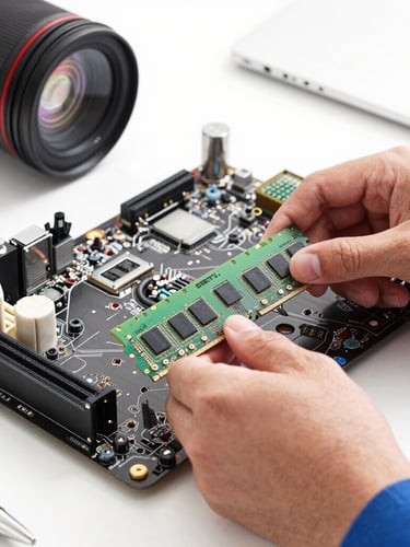 Hands of a professional technician installing RAM memory into a motherboard, clean workspace, bright natural light, macro shot, 50mm lens