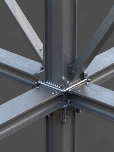 High-resolution 3D Tekla Structures model screenshot showing complex heavy steel connection with gusset plates, bolts, and welds in sharp technical detail.