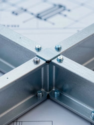 Macro close-up of a 3D Tekla model showing complex steel beam-to-column connections with detailed bolts and gusset plates, cool crisp technical lighting, blueprint aesthetic