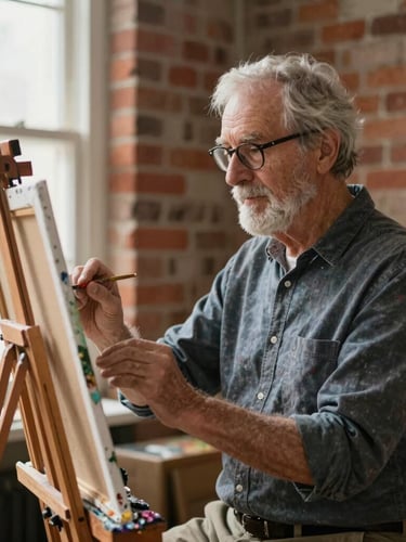 Medium environmental portrait of an elder artist working at a wooden easel, soft side-light from a studio window highlighting wet oil paint textures on canvas, historic brick wall in the background.