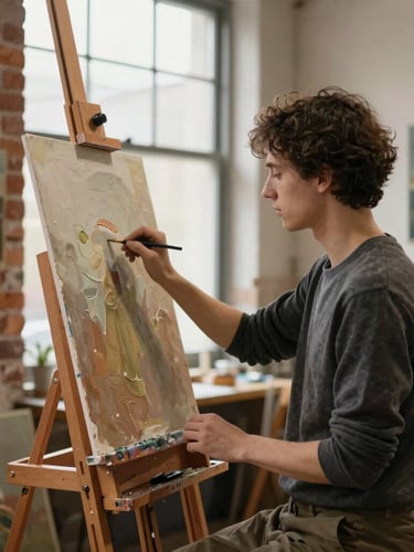 An artist working at a wooden easel in a historic studio with exposed brickwork, soft natural side-light from a large window, textured oil paintings visible in the background.