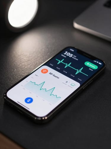 Close-up of an Android phone screen showing a health metrics dashboard with heart rate graph and step count, resting on a dark desk surface, cool side-lit studio strobe, no lens glare