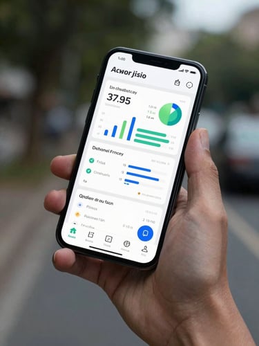 Hand holding an Android phone at a slight angle showing a personal finance dashboard app with charts and account summaries, cool natural daylight from the side, no screen glare