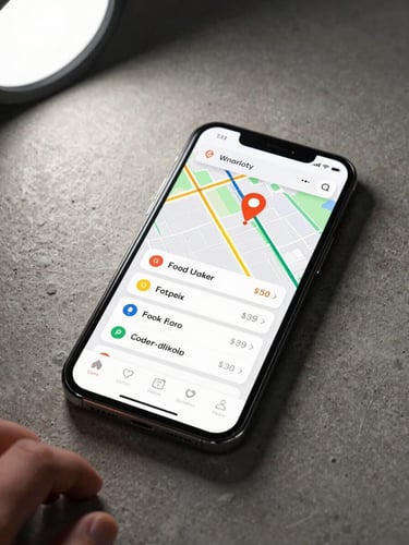 Android phone on a concrete surface showing a food delivery order-tracking screen with map pin and status steps, diffused overhead studio light, hands partially visible at frame edge