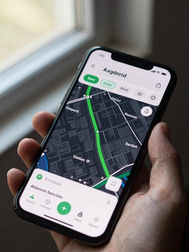 Close-up overhead view of an Android phone held in a hand, displaying a transit route planning app UI with dark map and green route lines, natural window light, no glare on screen