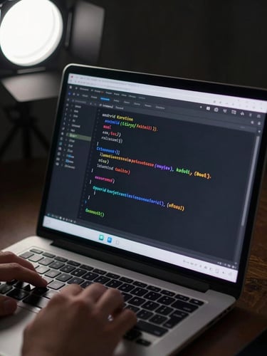 Overhead close-up of a laptop screen showing Android Kotlin code in a dark IDE, keyboard partially visible at the bottom edge, a developer's hand resting on the trackpad, studio strobe light from the upper left rendering the screen crisp and glare-free, deep shadow in the lower right corner