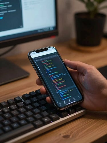 Developer's hand resting near an Android phone on a mechanical keyboard, screen showing a code review tool interface with diff highlights, warm-cool mixed lighting from monitor and window