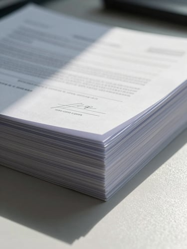 Extreme close-up of financial contract pages stacked on a desk, regulatory stamps and signature lines visible under cool north-facing office daylight, precise studio lighting casting sharp shadows on document edges, papers slightly fanned to reveal layered structure