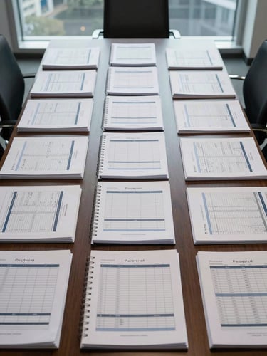 Wide overhead flat-lay of structured financial files and receivables portfolios arranged on a large meeting table, labeled folders and data sheets fanned out systematically, cool north-facing daylight from a tall office window, precise and orderly composition suggesting institutional rigor
