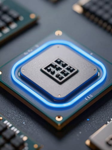 Stark macro shot of a monolithic high-end hardware processor, cool blue rim lighting, dark metallic textures, ultra-realistic architectural rendering, cinematic depth of field.