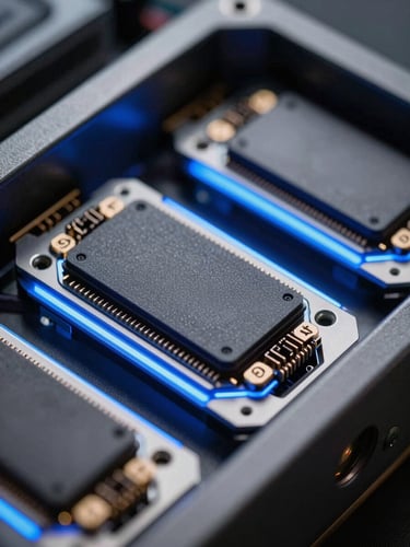 Extreme macro shot of high-end server hardware with cool blue rim lighting, sharp focus on computational nodes
