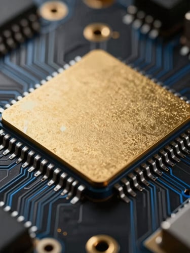 Extreme macro of a gold-plated microchip array on a black circuit board, cold blue rim light, high-contrast shadows