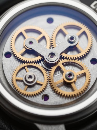 Extreme macro shot of a luxury mechanical watch movement, gold gears, dark obsidian background, cool white rim light.