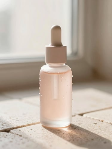 Macro close-up of a luxurious glass serum bottle resting on a raw stone tile, warm diffused morning window light, soft shadows, dewy texture visible