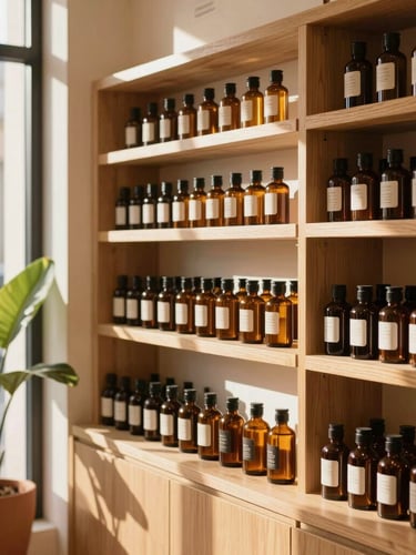 Warm, sun-drenched modern apothecary storefront interior, amber glass bottles on wooden shelves, golden hour sunlight streaming through the window, shallow depth of field.