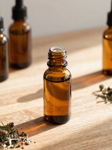 Close-up of raw herbal textures and amber glass bottles on a wooden counter under warm, streaming Miami sunlight, shallow depth of field.