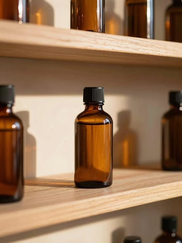 Warm sun-drenched close-up of amber botanical bottles on wooden shelves, soft golden hour shadows, terracotta tones, shallow depth of field