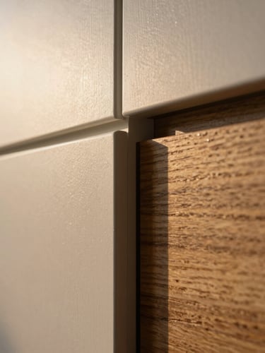 Close-up macro shot of premium paint texture and wood grain transition, flawless seamless joint, warm architectural lighting, luxury details, 35mm