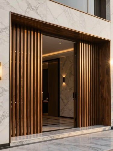 Luxury modern villa entrance in Riyadh, showcasing a seamless transition between polished white marble alternative paneling and warm vertical wood slats, dramatic golden hour sunlight, architectural 35mm photography