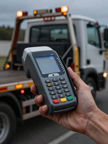 Close-up of a wireless credit card machine held by a tow truck operator's hand at night, illuminated by the amber flashing lights of a flatbed truck in the background, gritty realism, high contrast.
