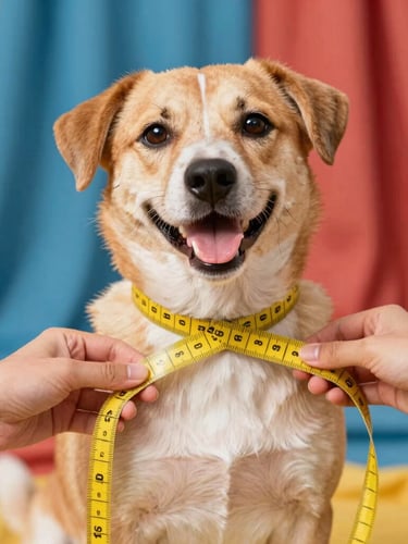 Primer plano de manos midiendo con delicadeza el pecho de un perro feliz con una cinta métrica amarilla, luz natural cálida, telas de colores de fondo