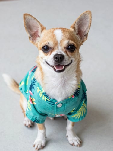 A happy small chihuahua wearing a vibrant tropical teal shirt, sitting comfortably on a clean light-gray floor, looking directly at the camera, warm natural daylight, eye-level medium close-up, 35mm lens