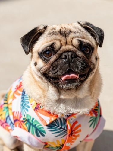 A joyful pug wearing a colorful tropical shirt looking directly at the camera, bright warm daylight, eye-level close-up