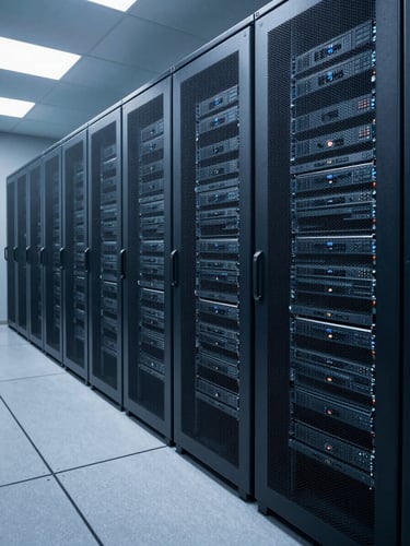 Wide angle, perfectly level shot of clean server racks in a secure data center, cool blue and slate gray lighting, structured layout, B2B institutional style.