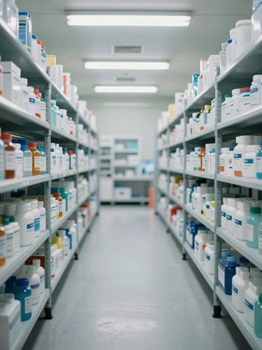 Crisp, perfectly level wide shot of sterile warehouse racks with organized medical supplies under cool fluorescent light.