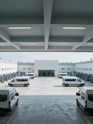 Wide, structured architectural shot of a clean-room loading bay with delivery vans, cool daylight, precise geometric layout.