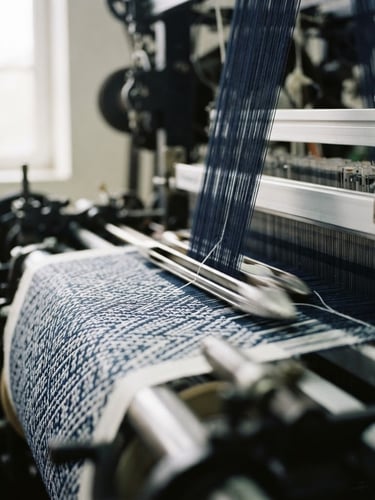 Close-up, detailed shot of a modern industrial loom actively weaving fine long-staple combed cotton threads, intricate weave pattern visible, soft natural window light from the left, shallow depth of field, focused on the moving threads, clean and precise aesthetic.