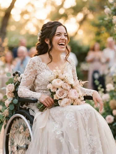 Candid medium shot of a woman with a physical disability laughing joyfully in a beautiful flowing lace wedding dress, warm golden-hour light, soft blush background, 35mm photography.
