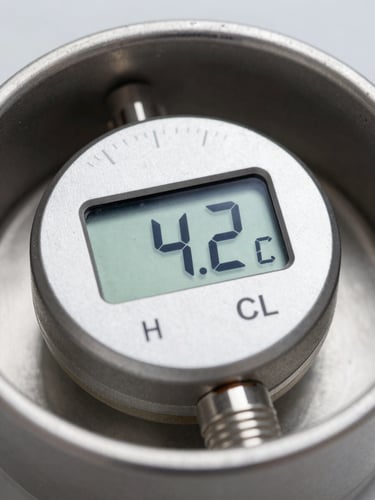 Macro shot of a calibrated digital temperature sensor displaying exactly 4.2 degrees Celsius inside a sterile stainless steel container, sharp cold white lighting.