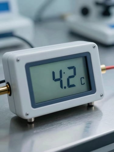 Macro shot of a calibrated digital temperature sensor showing a precise 4.2 degrees Celsius reading on a high-contrast screen, sterile cold laboratory lighting, clean metal surfaces.