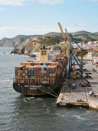 Wide shot of a modern cargo container ship docked at a rocky Portuguese coastal port, deep slate gray water, bright natural daylight, soft shadows, 35mm lens.