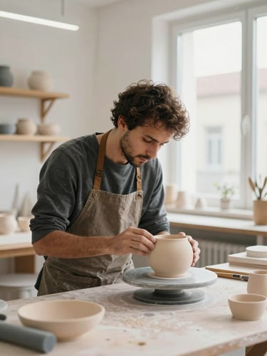 Medium shot of a craftsman inspecting a ceramic piece in a bright, modern Portuguese workshop, soft natural window light, sand and slate tones, 35mm lens.