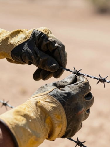 Close-up of a worker's hands in heavy leather gloves repairing a barbed wire fence, dry Arizona soil in background, sharp focus, 35mm