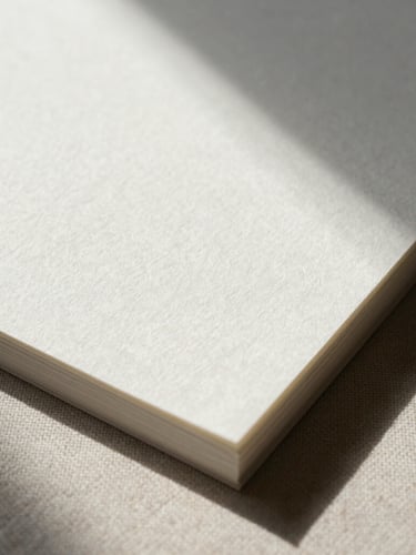 Extreme close-up of deeply embossed heavy-weight cotton paper stationery resting on a raw linen textile, hard side-lighting casting deep shadows
